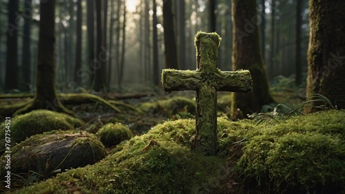 Marvel at the poignant beauty of the cotton cross, entwined with moss, a humble testament to nature's enduring embrace in the forest.