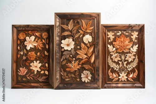 Set of Three Intricate Wooden Intarsia Art Panels with Floral Designs on a Neutral Background for Interior Decor