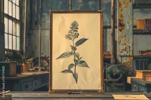 Vintage Botanical Illustration on Canvas in an Old Workshop with Rustic Tools and Sunlight photo