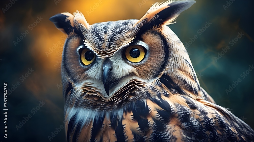 Close up portrait of a Great horned owl, blurred out forest background banner wallpaper HD Close up portrait of a Great horned owl, blurred out forest background banner wallpaper HD
