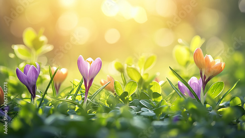 Spring flowers crocuses among the green grass in the rays of sunlight, romantic greeting card