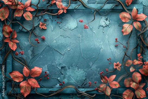 Enchanting Blue Textured Background with Crimson Autumn Leaves and Delicate Vines Frame Design