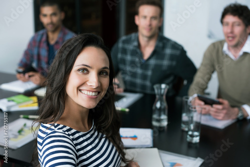 Woman, portrait and startup with office, discussion and meeting for work conference. Employees, workshop and teamwork for coaching, collaboration and brainstorming for job or career with notes