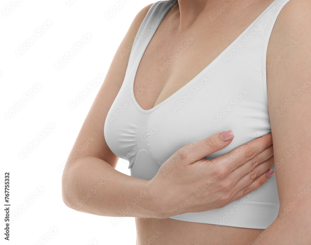 Mammology. Young woman doing breast self-examination on white background, closeup Mammology. Young woman doing breast self-examination on white background, closeup