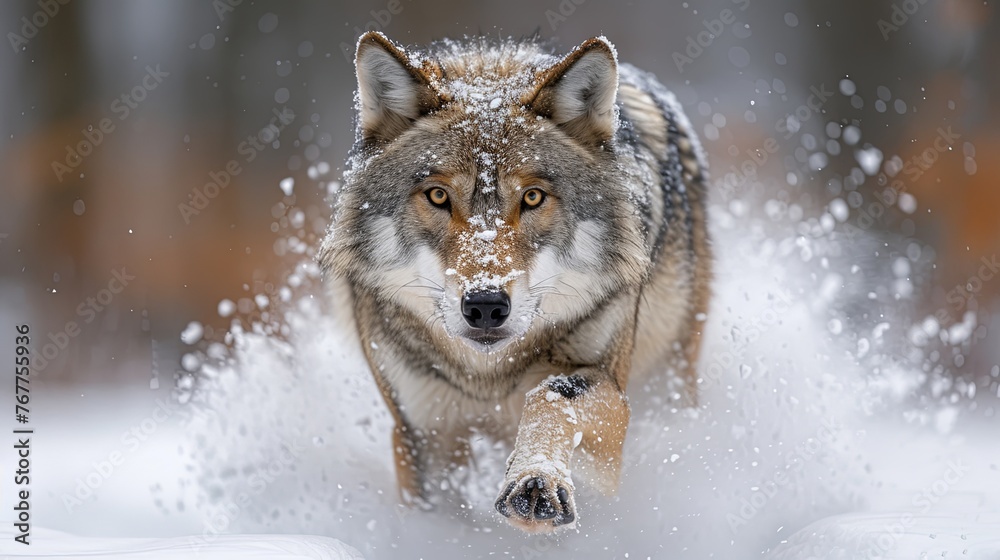 An imposing gray wolf sprints across a snowy landscape, with snow splashing around it showing movement and energy. An imposing gray wolf sprints across a snowy landscape, with snow splashing around it showing movement and energy.