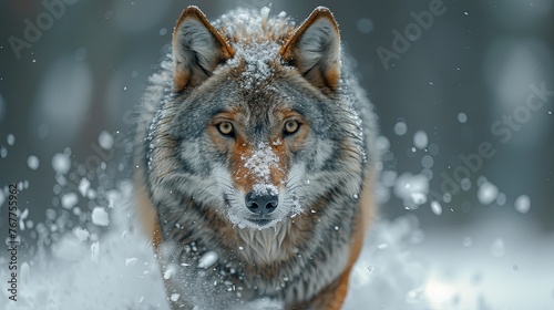 An imposing gray wolf sprints across a snowy landscape, with snow splashing around it showing movement and energy. © Riz