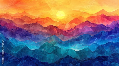 Low Poly Geometric Mountain Landscape at Sunset Background