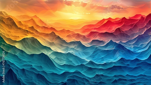 Low Poly Geometric Mountain Landscape at Sunset Background