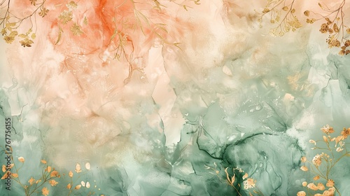 Ethereal Ink Swirls with Golden Floral Elements Background