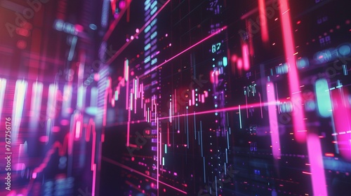 A progression of the stock market manifested in bar charts and overlapping numbers. Themed images of the stock market, digital currency, and digital investment.