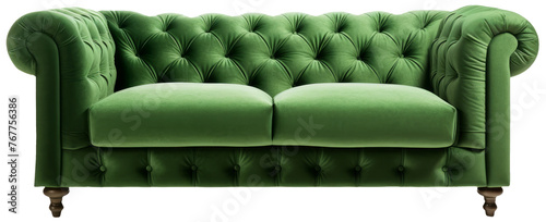 Green sofa in frontal view with transparent background