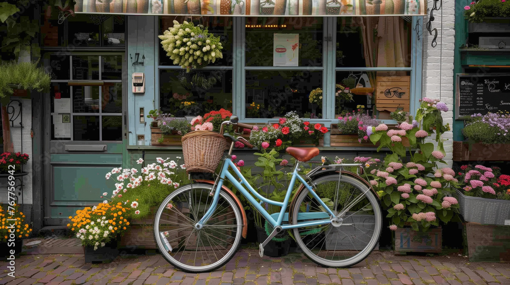 Classic bicycle parked outside a shop
