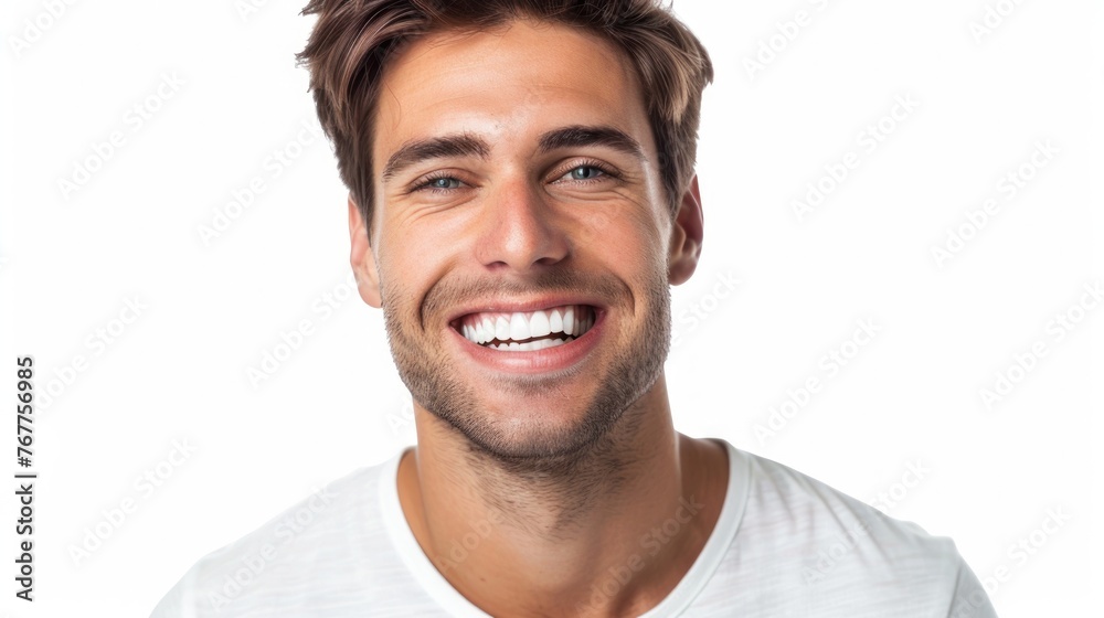 Bright-Smiled Young Man in Casual White Tee - Generative AI Bright-Smiled Young Man in Casual White Tee - Generative AI