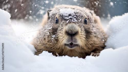 Close up portrait of groundhog coming out of snow looking at camera in wintertime 