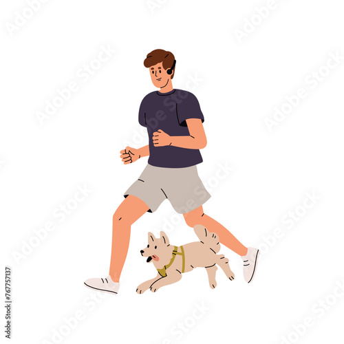 Athlete does sport with his dog together. Man training, jogging with fluffy puppy. Owner running during walk loyal doggy, pup. Active lifestyle. Flat isolated vector illustration on white background