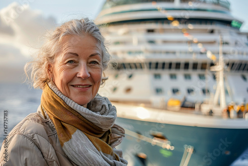 Vacationer on deck of the cruise ship, woman enjoying the ocean panorama, summer voyage. photo