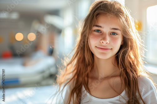 Teen girl in hospital, undergoing medical exam, health assessment by doctor.