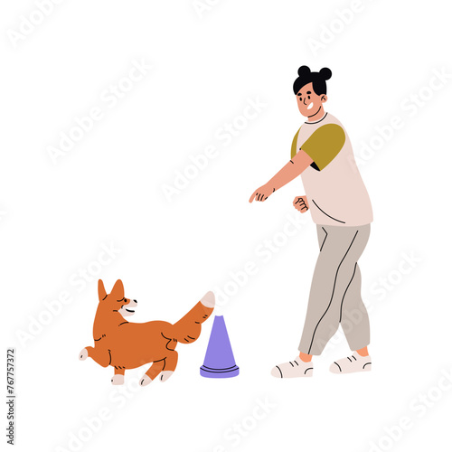 Dog training, agility competition. Cute corgi puppy clears obstacle course. Trainer teaches pup tricks. Owner does exercises, commands with her fluffy doggy. Flat isolated vector illustration on white