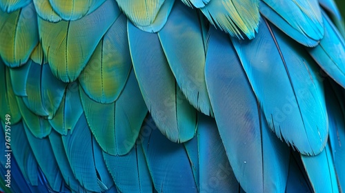 Dark blue feathers for design and pattern. beautiful bird feathers of Blue and Purple, green. Exotic natural different, Brazil .texture feathers background, closeup bird wing. plumage. © Sittipol 