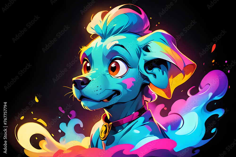 Naklejka premium An explosion of colors defines this vibrant illustration of a playful dog, perfect for modern designs and creative projects. The artwork is versatile, ideal for editorial content, apparel, and dynamic
