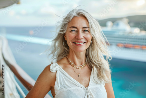 Woman tourist on the cruise ship, summer vacation at sea, enjoying the ocean view. © Pavel