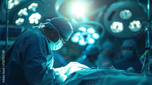 Surgeon or doctor in blue uniform did surgery in surgical hospital with orange light effect and blur background. Surgeon and nurse use medical instrument or equipment in operating room photo