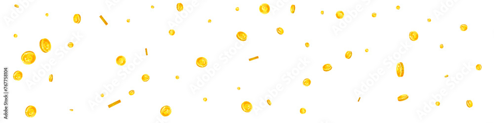 British pound coins falling. Scattered gold GBP - obrazy, fototapety, plakaty 