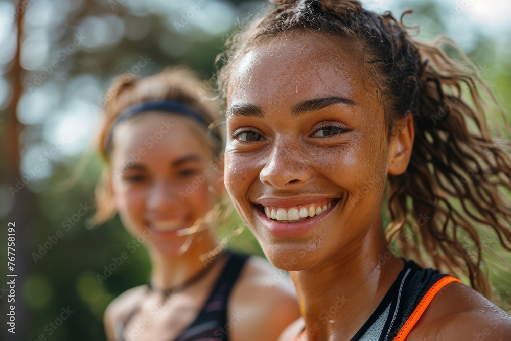 Woman and a joyful athlete smiling post-run, capturing the satisfaction and happiness following a marathon training workout. Woman and a joyful athlete smiling post-run, capturing the satisfaction and happiness following a marathon training workout.