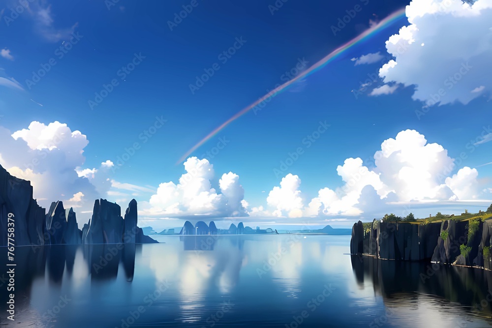  RPGゲーム背景　幸運の虹色が続く青空と反射する水面 - obrazy, fototapety, plakaty 