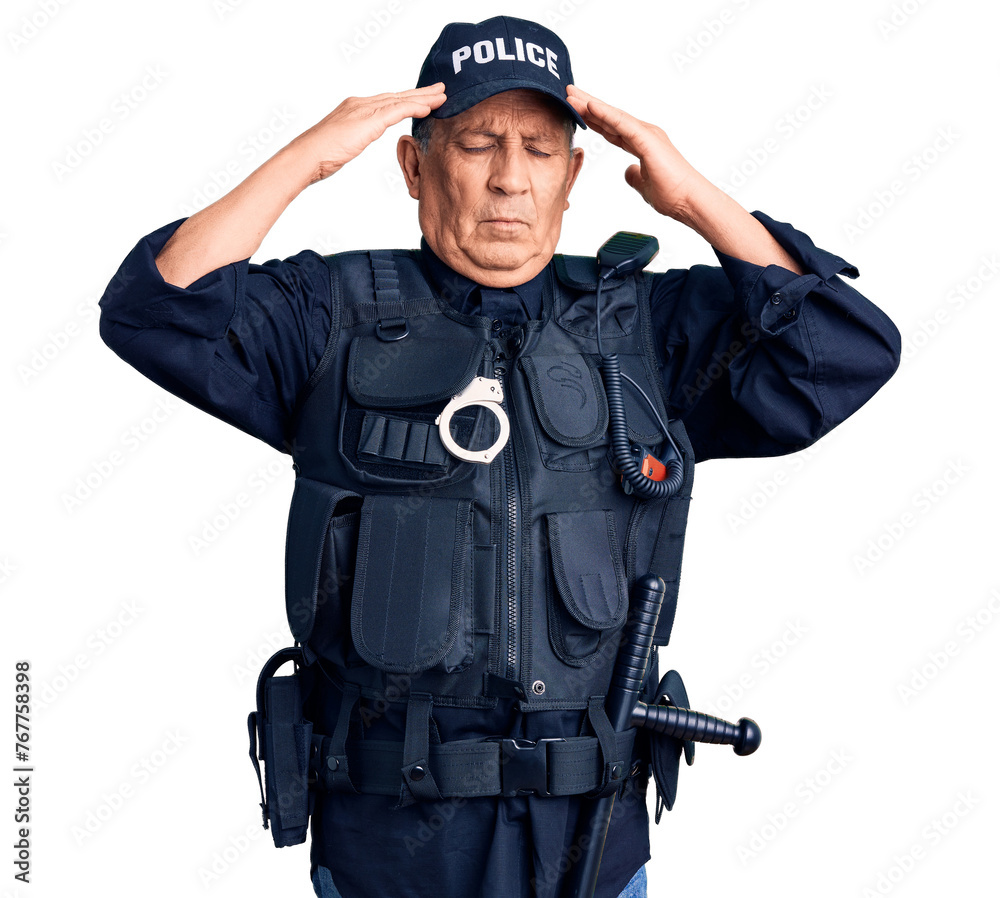 Senior handsome man wearing police uniform suffering from headache desperate and stressed because pain and migraine. hands on head. Senior handsome man wearing police uniform suffering from headache desperate and stressed because pain and migraine. hands on head.
