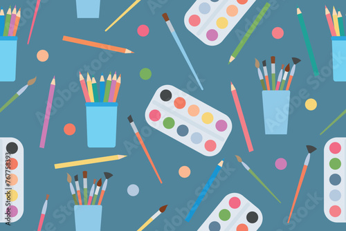 Seamless pattern with art supplies on a blue background. Vector. Vector illustration