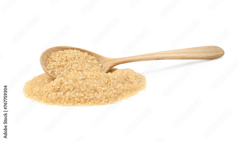 Pile of brown sugar and wooden spoon isolated on white Pile of brown sugar and wooden spoon isolated on white