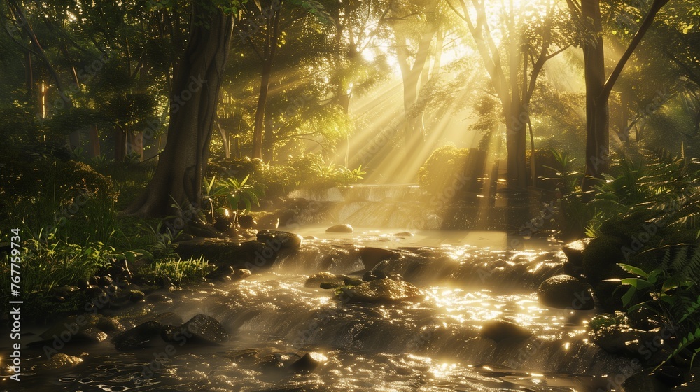 A serene forest scene with a babbling brook, inviting peace and tranquility amidst nature's embrace. 