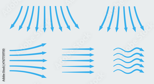 Air flow. Blue arrows showing direction of air movement icon set. Wind direction arrows. Blue cold fresh air stream symbol.