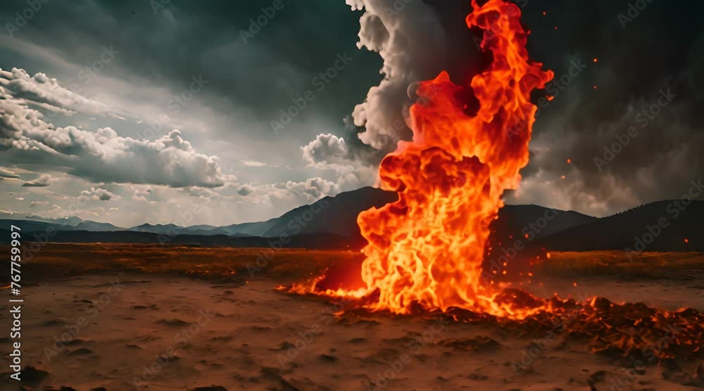 slow motion fire explosion in open space with mountainous background