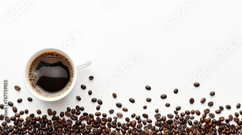 Set of paper take away cups of different black coffee isolated on white background, top view. Coffee cup and beans. Overhead view of backdrop representing halves dark brown coffee beans pleasant scent