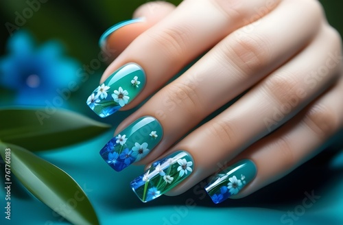 Blue manicure with white flowers on the arm
