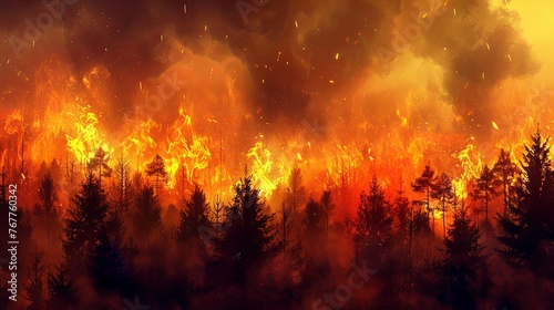 Forest fire, wildfire landscape natural disaster background banner panorama Burning flames with smoke development and black silhouette of forest trees. bucket to extinguish the forest fire Countryside