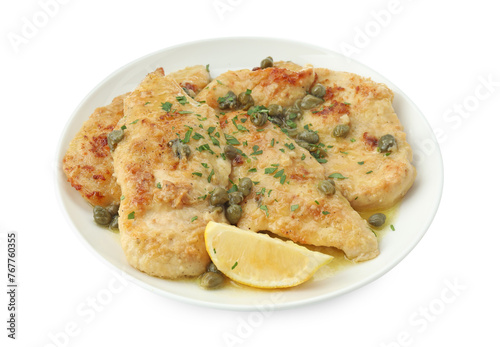 Delicious chicken piccata with herbs isolated on white