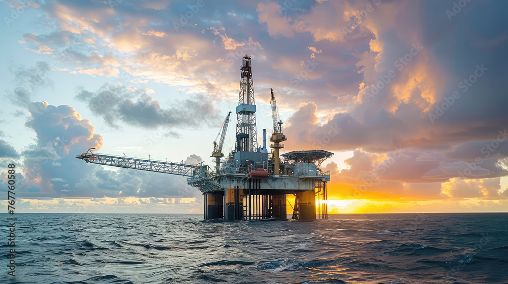 offshore oil platform at sunset