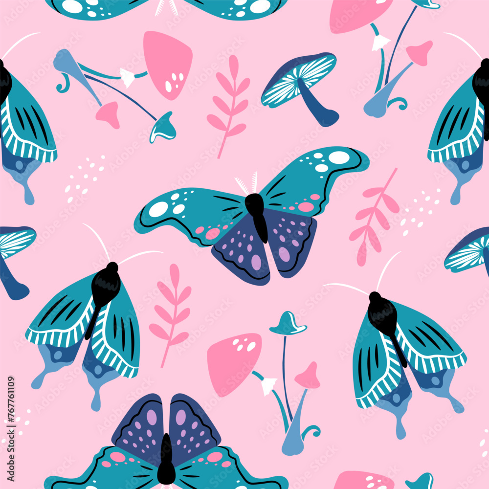 Vector seamless pattern of colorful butterflies and mushrooms on pink background. Beautiful trendy background for packaging, fabric, wallpaper.