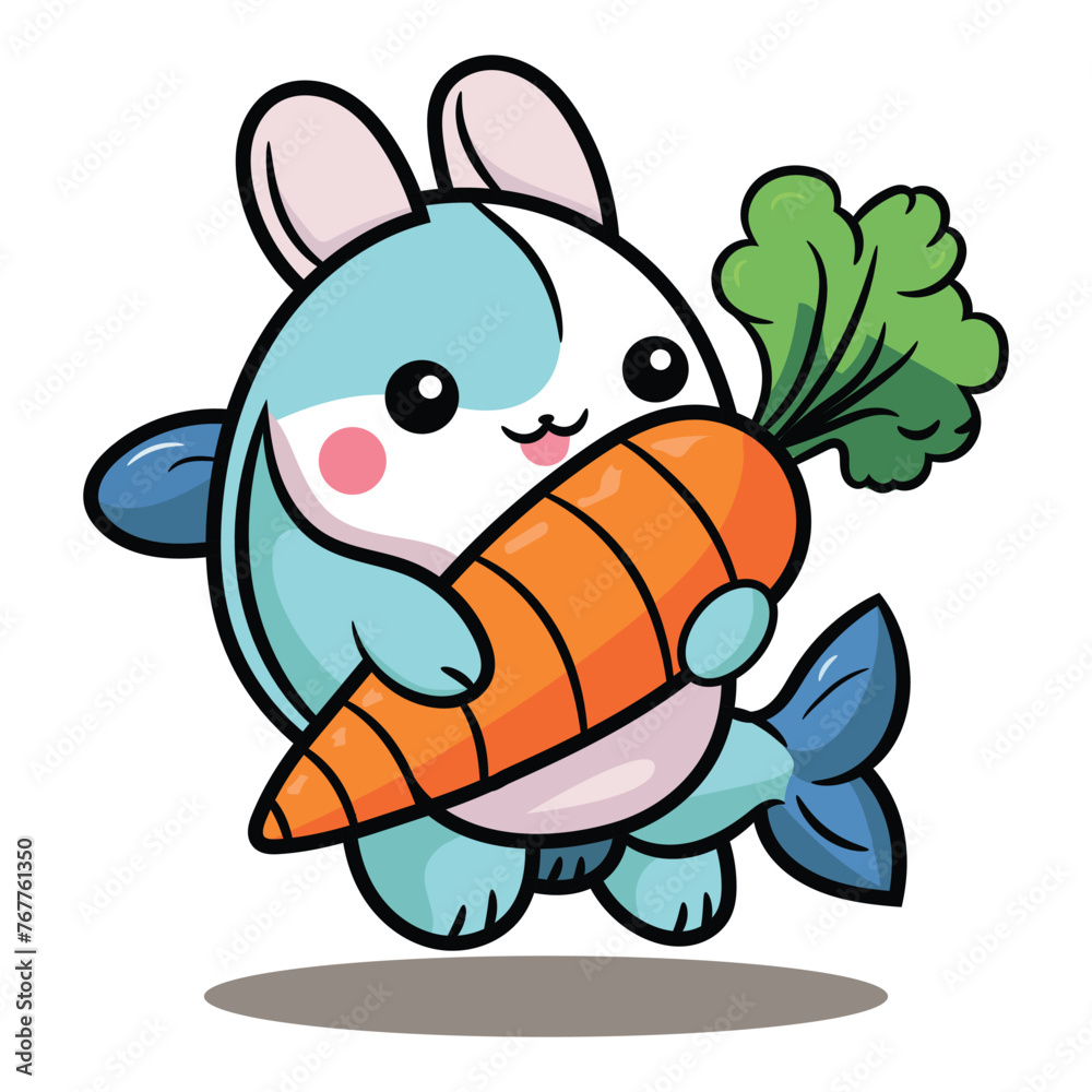 Naklejka premium Half fish rabbit holding carrot food cartoon illustration