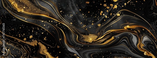 Abstract black and gold marble background with flowing liquid paint. Modern luxury wallpaper design for wall art, mural decoration