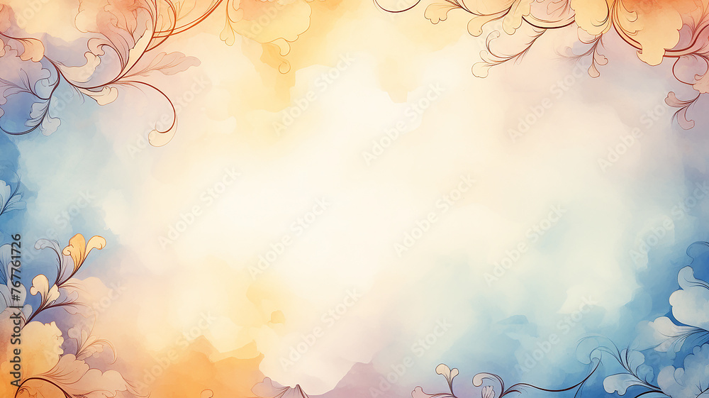 Orange-blue background with foliage in watercolor style
