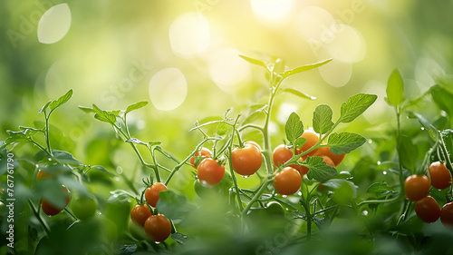 Red tomatoes on a summer day, green leaves of plants in sunlight close-up