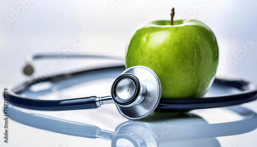 Extreme close-up of a green apple and a stethoscope on a white reflective surface with copy space. Healthy eating, medical health and cardiological care concept. Generative Ai.
