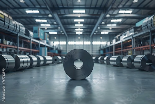 Visualizing the Production Process: D Rendering of Steel Coil in Factory Warehouse. Concept Industrial Design, 3D Rendering, Steel Coil, Factory Warehouse, Production Process