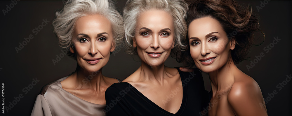Three woman wearing dark t shirt. Three woman wearing dark t shirt.