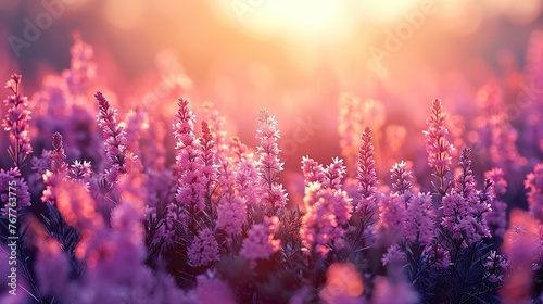 Purple heather flowers blooming outdoors on a sunny spring day photo