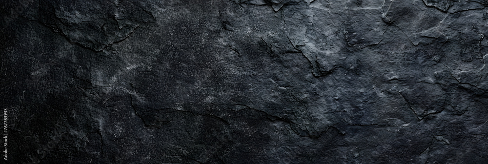 black concrete wall , grunge stone texture , dark gray rock surface background panoramic wide banner - obrazy, fototapety, plakaty 